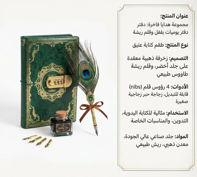 طقم هدية قلم ريشة + نوتة فاخرة (تصميم أحجار)